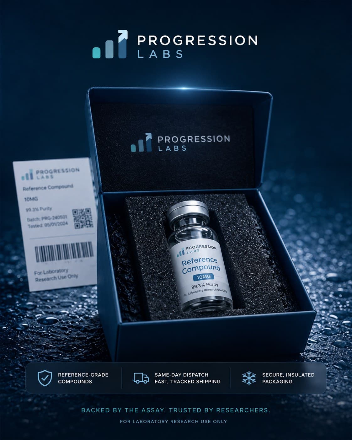 A Progression Labs reference compound vial sealed in insulated, tamper-evident packaging with a batch report